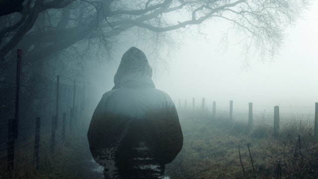A double exposure of an atmospheric half transparent man looking at a foggy path in the countryside. On a moody foggy winters day. - stock photo