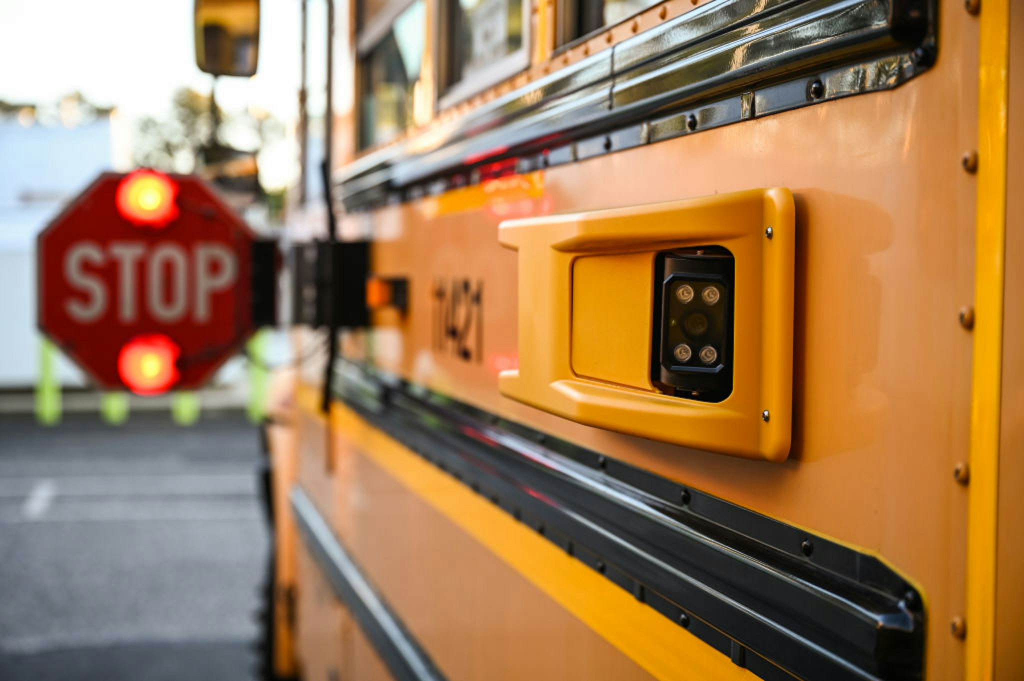 Medford, N.Y.: Close-up of a camera attached to a school bus in the company yard in Medford, New York on October 20, 2021. The cameras identify cars that pass the school bus stop arms. (Photo by Steve Pfost/Newsday RM via Getty Images)