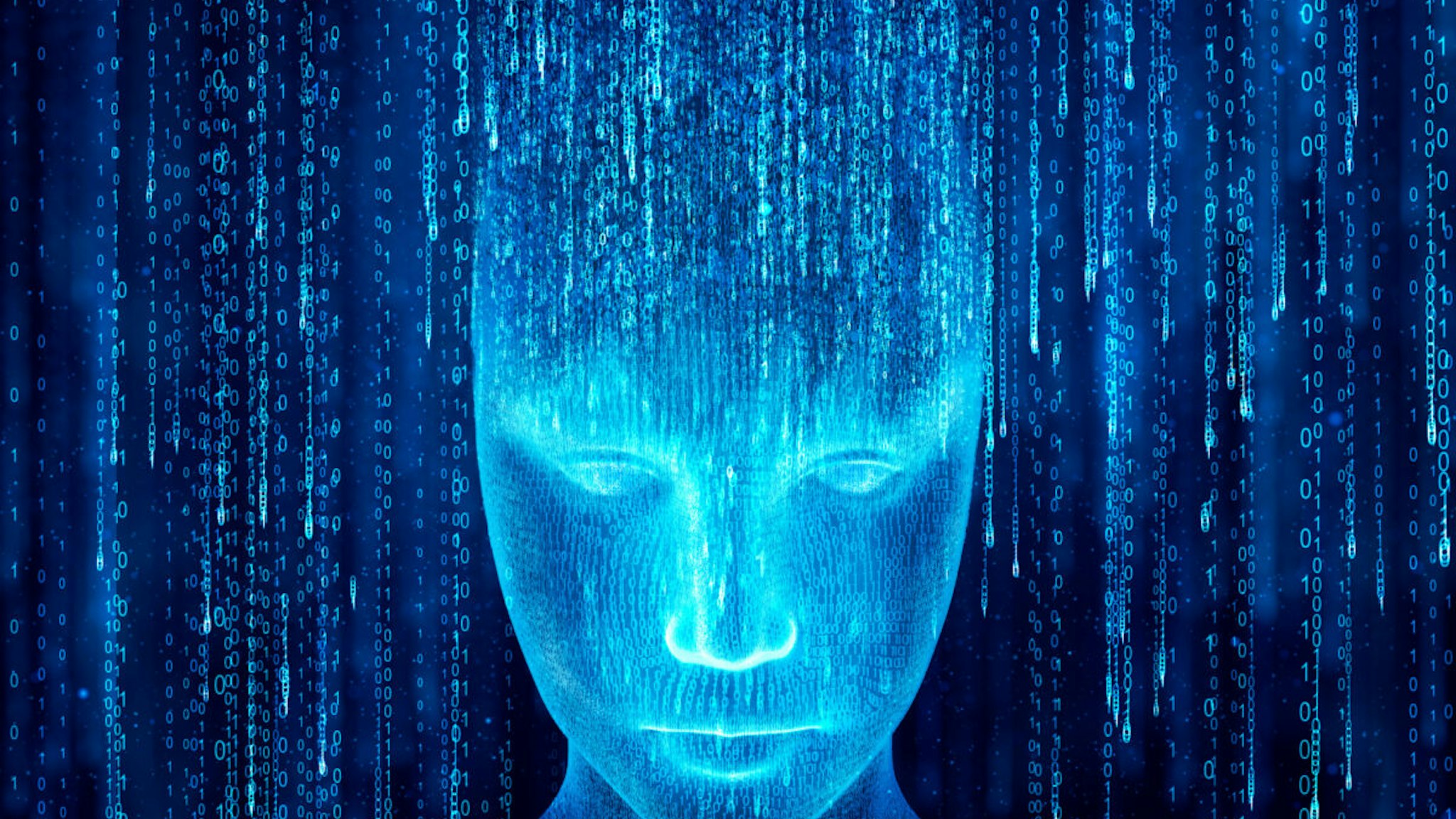 Hologram of the artificial intelligence robot showing up from binary code.