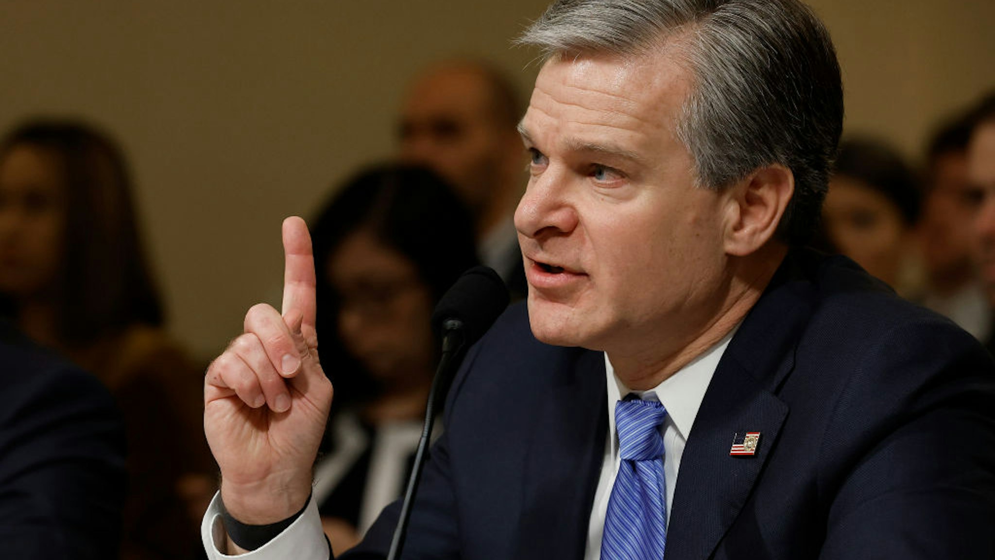 WASHINGTON, DC - NOVEMBER 15: Federal Bureau of Investigation Director Christopher Wray prepares to testify before the House Homeland Security Committee in the Cannon House Office Building on Capitol Hill on November 15, 2022 in Washington, DC. Wray, Homeland Security Secretary Alejandro Mayorkas and National Counterterrorism Center Director Christine Abizaid testified about the current threat level against the United States, including both physical and cyber attacks. (Photo by Chip Somodevilla/Getty Images)