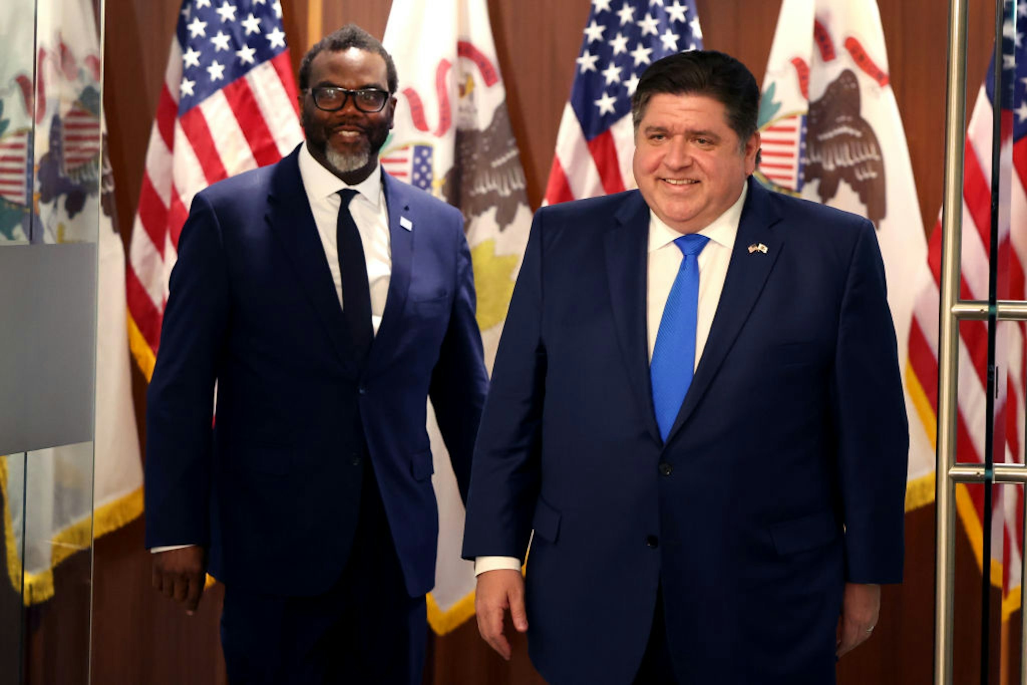 CHICAGO, ILLINOIS - APRIL 07: Chicago Mayor-Elect Brandon Johnson (L) and Illinois Governor J.B. Pritzker prepare to speak to the press after a meeting in the governor's office on April 07, 2023 in Chicago, Illinois. Johnson is scheduled to be sworn in as Chicago's 57th mayor on May 15.