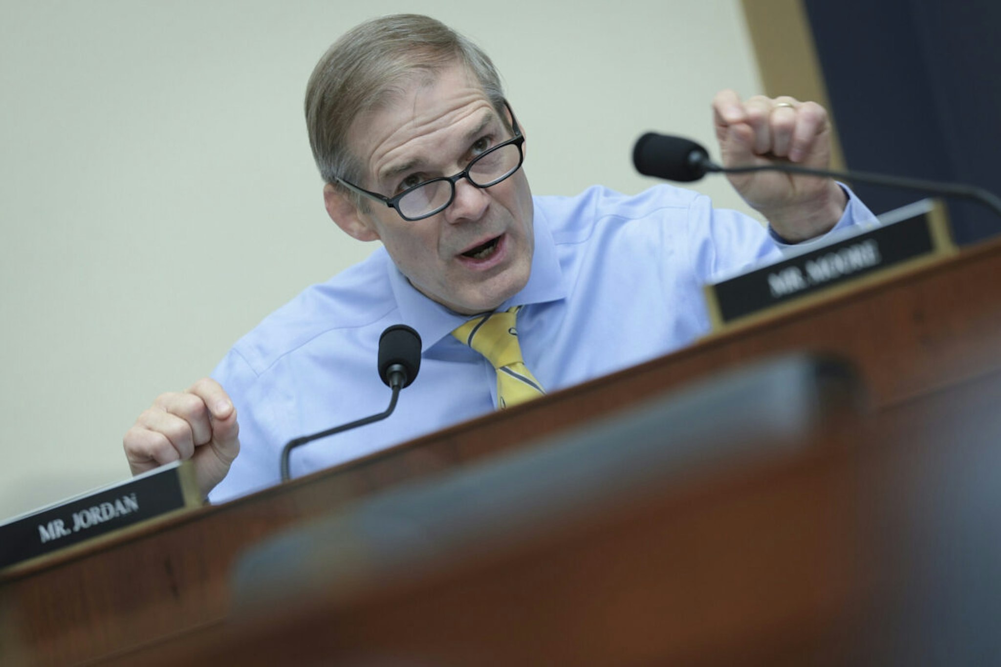 Rep. Jim Jordan (R-OH) asks questions during a hearing held by the House Subcommittee on Immigration Integrity, Security, and Enforcement on Capitol Hill May 23, 2023 in Washington, DC.