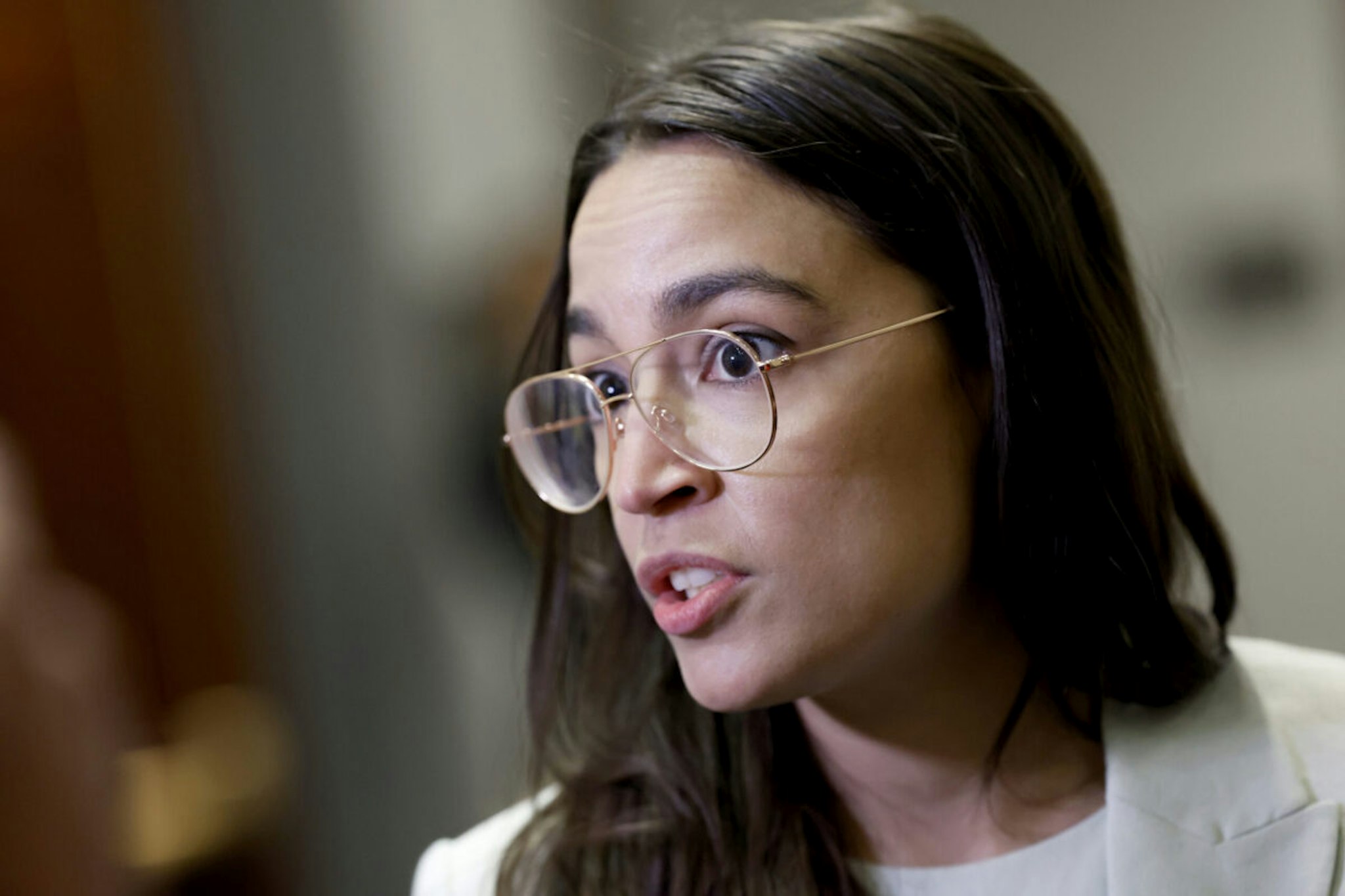 Rep. Alexandria Ocasio-Cortez (D-NY) speaks to reporters after attending a House Democrat caucus meeting with White House debt negotiators at the U.S. Capitol on May 31, 2023 in Washington, DC.