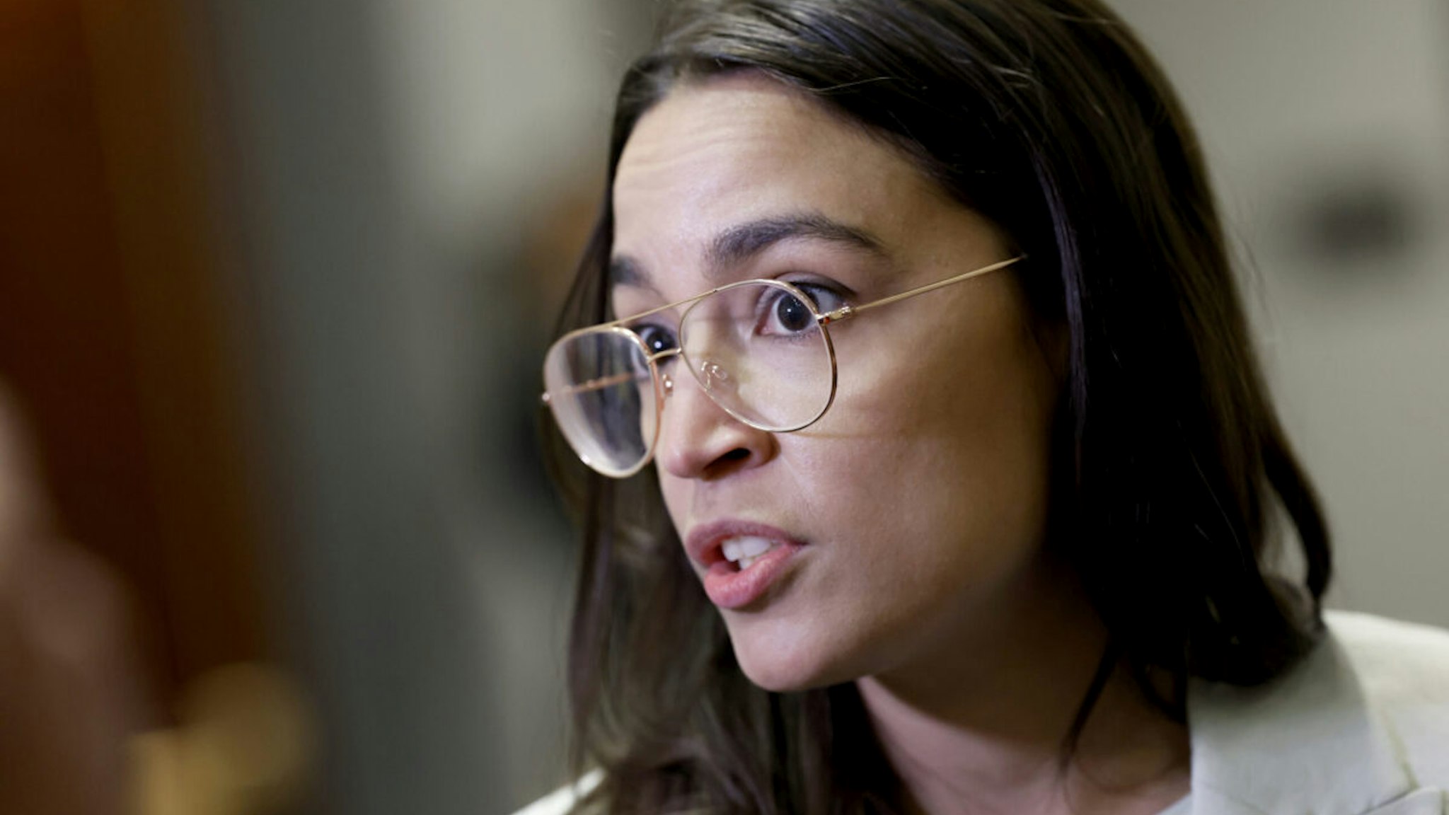 Rep. Alexandria Ocasio-Cortez (D-NY) speaks to reporters after attending a House Democrat caucus meeting with White House debt negotiators at the U.S. Capitol on May 31, 2023 in Washington, DC.