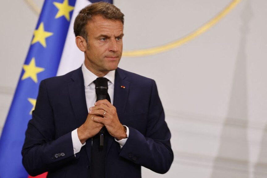 France's President Emmanuel Macron addresses mayors of cities affected by the violent clashes that erupted after a teen was shot dead by police last week during a meeting at the presidential Elysee Palace in Paris on July 4, 2023. (Photo by Ludovic MARIN / POOL / AFP) (Photo by LUDOVIC MARIN/POOL/AFP via Getty Images)