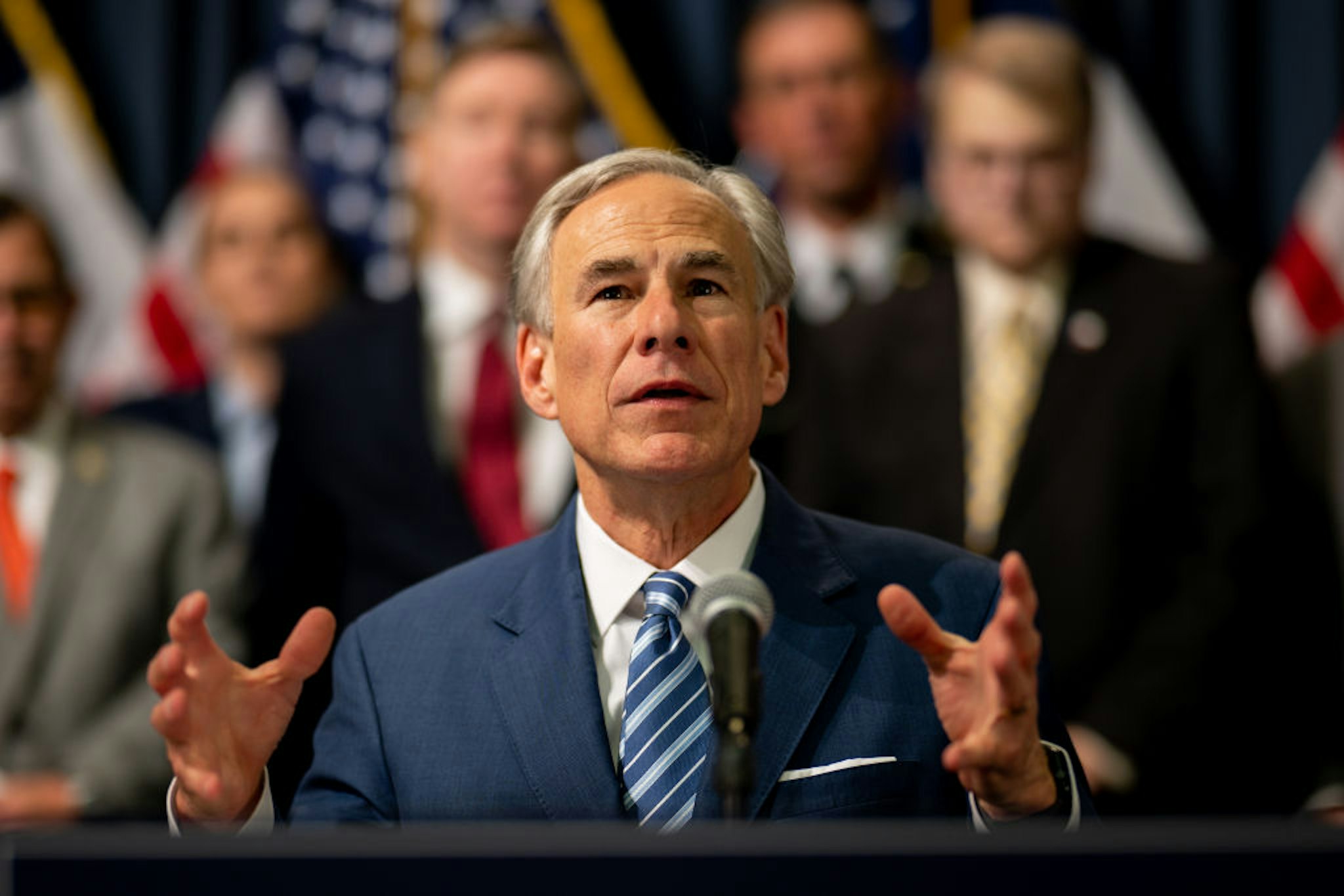AUSTIN, TEXAS - JUNE 08: Texas Gov. Greg Abbott speaks during a news conference at the Texas State Capitol on June 08, 2023 in Austin, Texas. Gov. Abbott and Texas Department of Public Safety Director Steve McCraw joined bill authors, sponsors, legislators and law enforcement members in the signing of bills designated towards enhancing border security along the southern border.