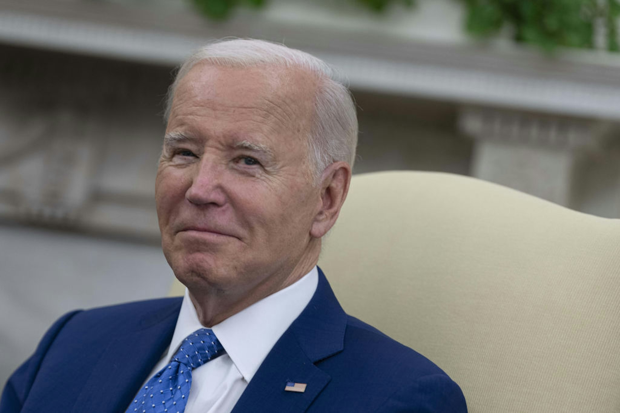 US President Joe Biden during a meeting with Ulf Kristersson, Sweden's prime minister, not pictured, in the Oval Office of the White House in Washington, DC, US, on Wednesday, July 5, 2023. Biden will discuss security cooperation with Kristersson, according to a statement from his office, with the pair planning to reaffirm their view that Sweden should join the North Atlantic Treaty Organization as soon as possible.