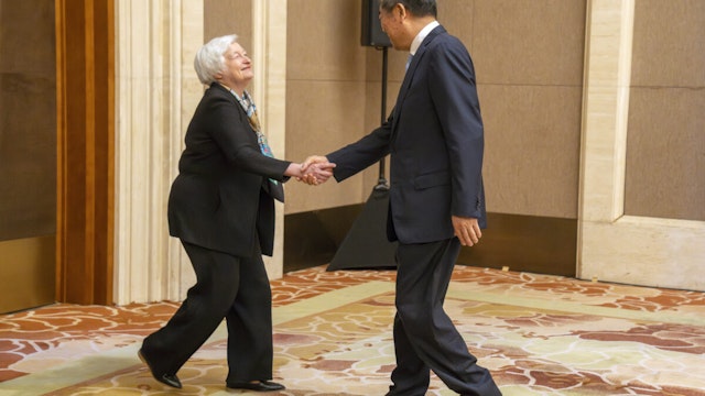 US Treasury Secretary Janet Yellen (L) shakes hands with Chinese Vice Premier He Lifeng during a meeting at the Diaoyutai State Guesthouse on July 8, 2023 in Beijing, China.