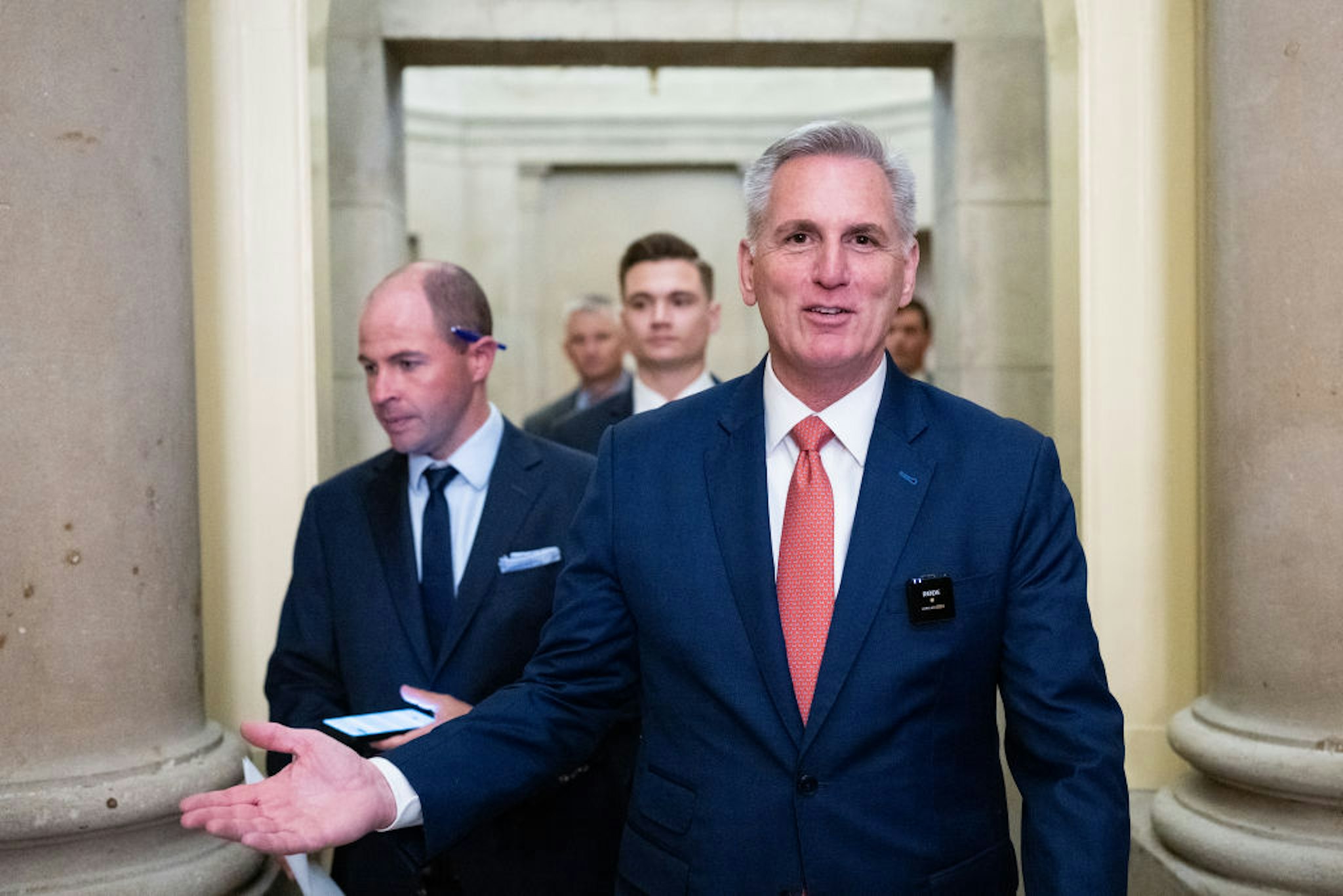 WASHINGTON - JULY 11: Speaker of the House Kevin McCarthy, R-Calif., stops to speak to reporters as he leaves his office to open the House floor in the Capitol on Tuesday, July 11, 2023.