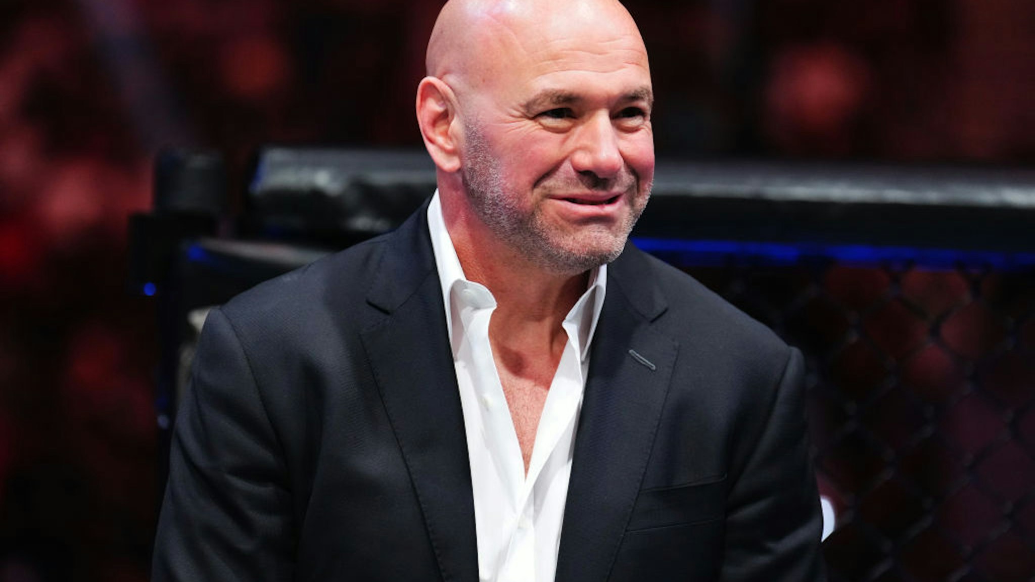 LAS VEGAS, NEVADA - JULY 08: Dana White enters the Octagon during the UFC 290 event at T-Mobile Arena on July 08, 2023 in Las Vegas, Nevada. (Photo by Chris Unger/Zuffa LLC via Getty Images)