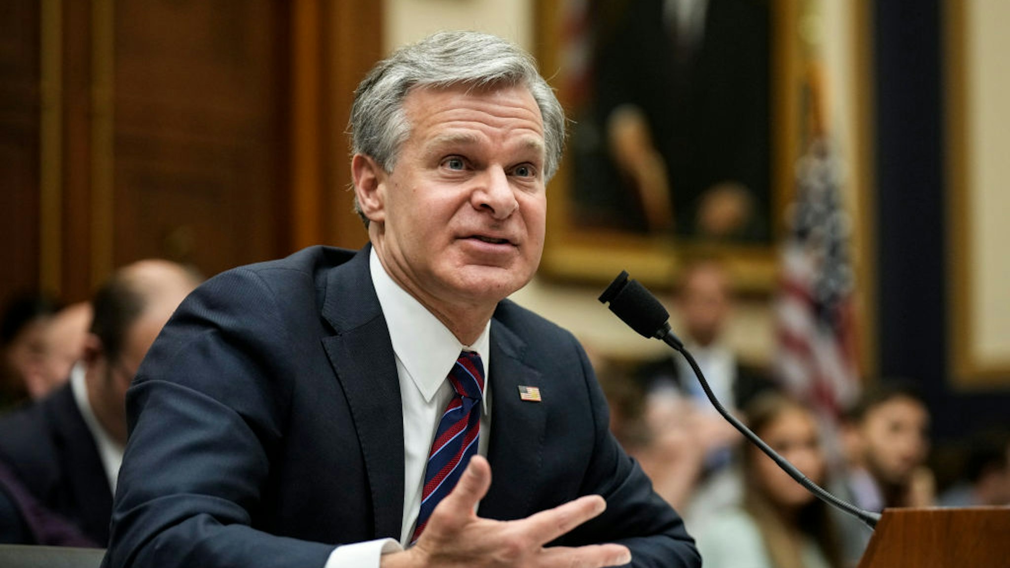 WASHINGTON, DC - JULY 12: FBI Director Christopher Wray testifies during a House Judiciary Committee hearing about oversight of the Federal Bureau of Investigation on Capitol Hill July 12, 2023 in Washington, DC. Conservative House Republicans claim that the FBI and other federal law enforcement agencies have been "weaponized" against conservatives, including former U.S. President Donald Trump and his allies. Wray defended the FBI workforce, emphasizing that the agency protects Americans every day "from a staggering array of threats." (Photo by Drew Angerer/Getty Images)
