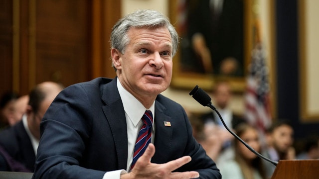 WASHINGTON, DC - JULY 12: FBI Director Christopher Wray testifies during a House Judiciary Committee hearing about oversight of the Federal Bureau of Investigation on Capitol Hill July 12, 2023 in Washington, DC. Conservative House Republicans claim that the FBI and other federal law enforcement agencies have been "weaponized" against conservatives, including former U.S. President Donald Trump and his allies. Wray defended the FBI workforce, emphasizing that the agency protects Americans every day "from a staggering array of threats."
