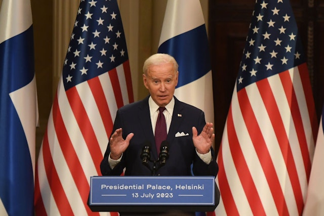 US President Joe Biden during a news conference at the US-Nordic Leaders' Summit in Helsinki, Finland, on Thursday, July 13, 2023. The Nordic countries will line up behind the initiative led by the Group of Seven nations to provide Ukraine with security assurances, in conjunction with the leaders' summit. Photographer: Chris J. Ratcliffe/Bloomberg via Getty Images