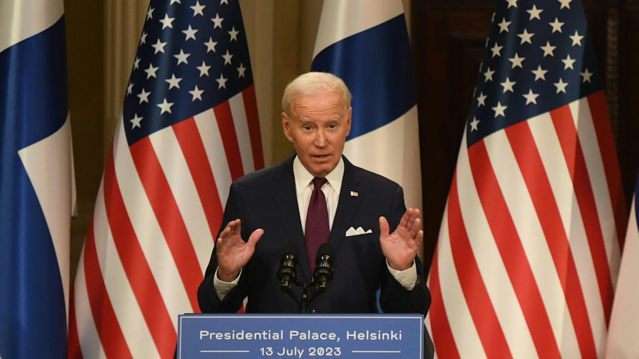 US President Joe Biden during a news conference at the US-Nordic Leaders' Summit in Helsinki, Finland, on Thursday, July 13, 2023. The Nordic countries will line up behind the initiative led by the Group of Seven nations to provide Ukraine with security assurances, in conjunction with the leaders' summit. Photographer: Chris J. Ratcliffe/Bloomberg via Getty Images