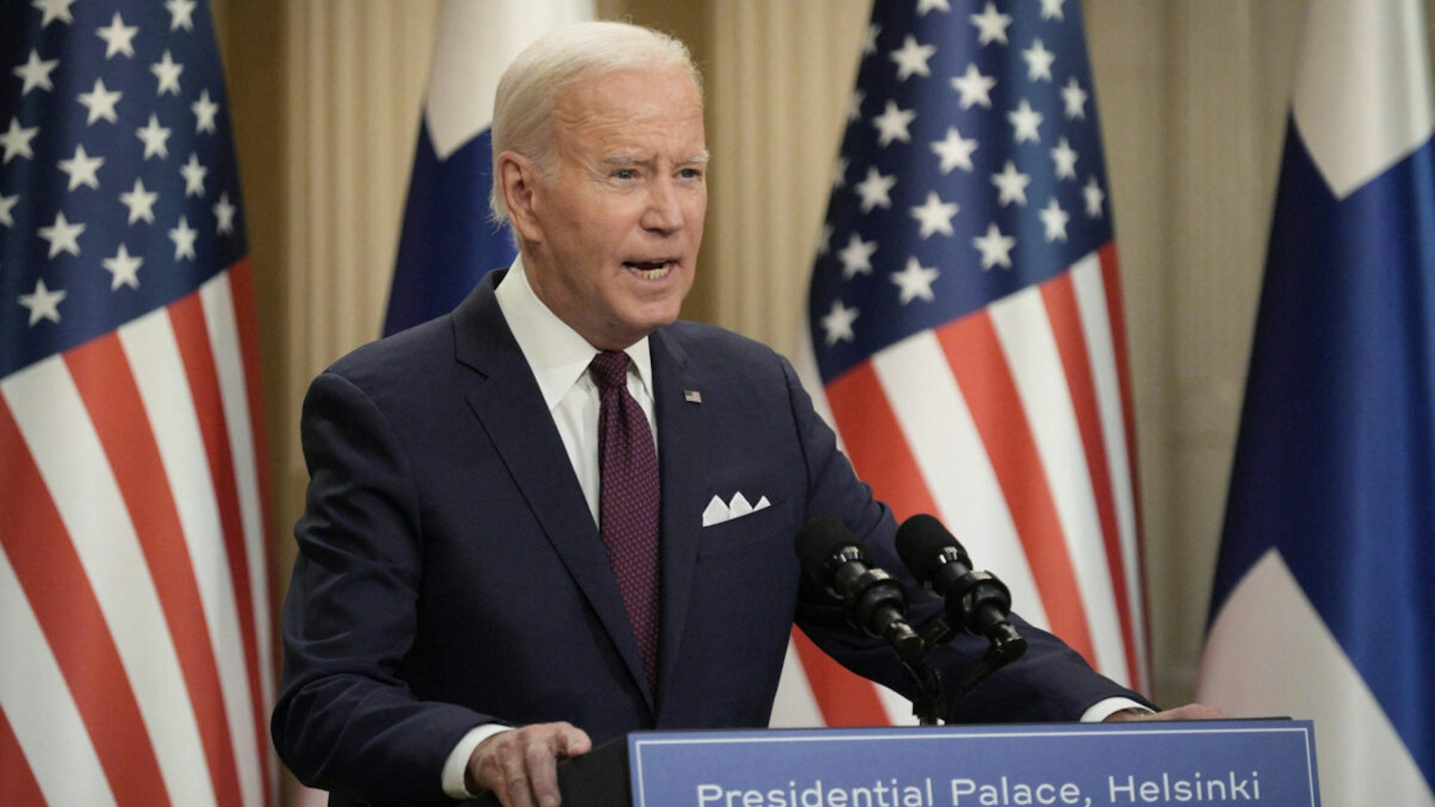 US President Joe Biden addresses a joint press conference with Finland's President after the US-Nordic leaders summit in Helsinki on July 13, 2023.