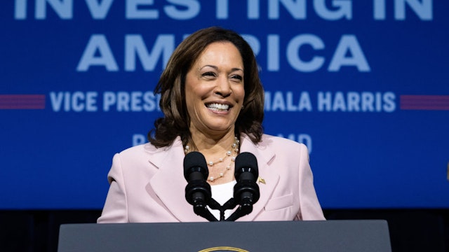 US Vice President Kamala Harris speaks during the conclusion of the Investing in America tour at Coppin State University in Baltimore, Maryland, on July 14, 2023. US Vice President Kamala Harris spoke about a $20 billion investment in a national clean financing network and clean energy projects as part of the Inflation Reduction Act. (Photo by SAUL LOEB / AFP)