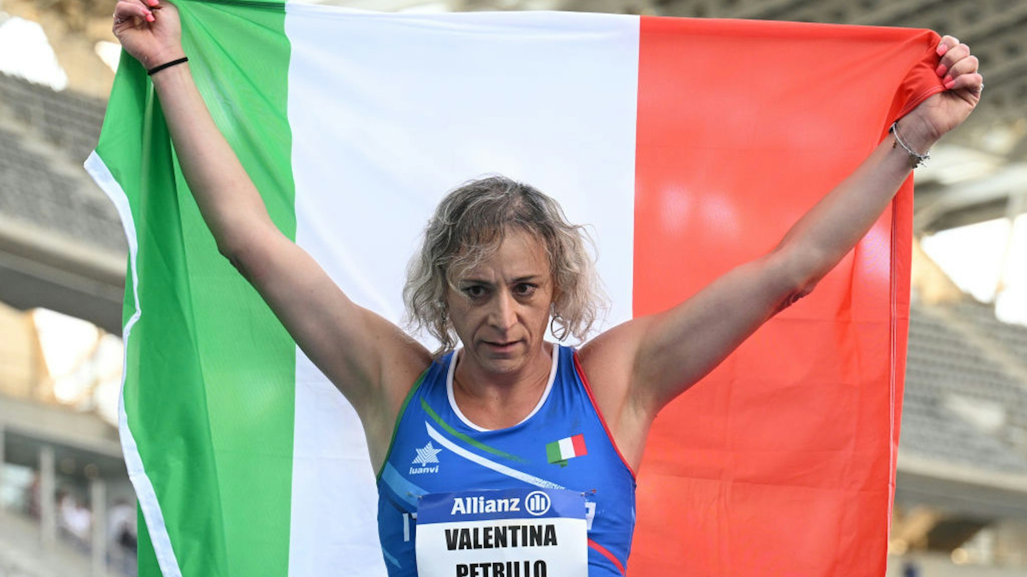 PARIS, FRANCE - JULY 13: Valentina Petrillo of Italy celebrates after the Women's 400m T12 Final during day six of the Para Athletics World Championships Paris 2023 at Stade Charlety on July 13, 2023 in Paris, France.