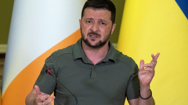 Ukraine's President Volodymyr Zelensky holds a press conference Ireland's prime minister during their meeting at Horodetskyi House in Kyiv, on July 19, 2023, amid Russia's military invasion on Ukraine.