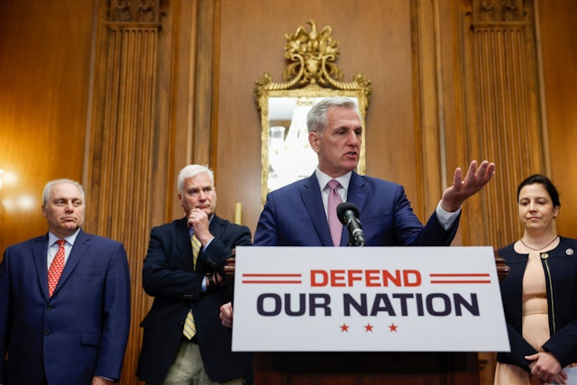 WASHINGTON, DC - JULY 14: U.S. Speaker of the House Kevin McCarthy (R-CA) speaks to reporters during a news conference after the passage of the National Defense Authorization Act (NDAA) at the U.S. Capitol Building on July 14, 2023 in Washington, DC. The House of Representatives narrowly passed the controversial $886 billion NDAA containing Republican-backed amendments limiting abortion access in the military in a 219-210 vote. (L-R) U.S. House Majority Leader Rep. Steve Scalise (R-LA), House Majority Whip Rep. Tom Emmer (R-MN) and House Republican Conference Chair Rep. Elise Stefanik (R-NY) were in attendance as well.