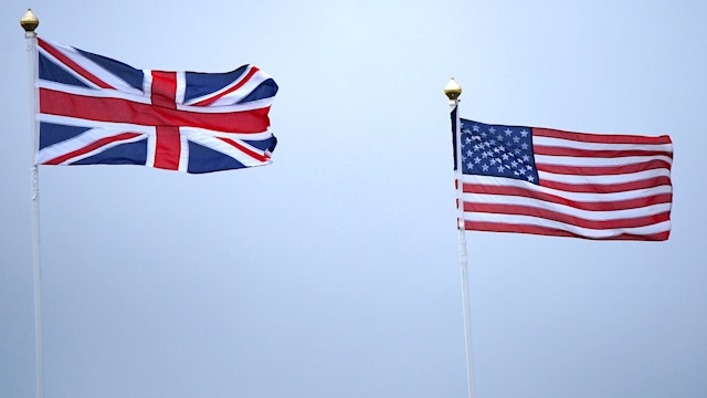 A view of the Union Jack and national flag of the United States, during day three of The Open at Royal Liverpool, Wirral. Picture date: Saturday July 22, 2023.