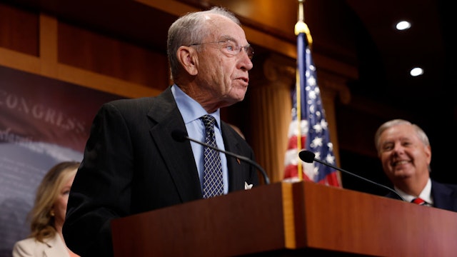 WASHINGTON, DC - JULY 19: Sen. Chuck Grassley (R-IA) speaks at a news conference on the Supreme Court at the U.S. Capitol Building on July 19, 2023 in Washington, DC. Senators with the Senate Judiciary Committee held the press conference to discuss Senate Judiciary Chairman Richard Durbin's (D-IL) upcoming ethics bill.