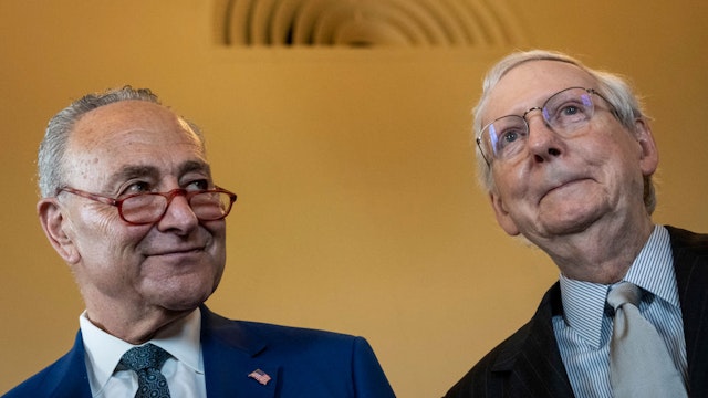 WASHINGTON, DC - JULY 27: (L-R) Senate Majority Leader Chuck Schumer (D-NY) and Senate Minority Leader Mitch McConnell (R-KY) stand for a photo before a meeting with Italian Prime Minister Giorgia Meloni at the U.S. Capitol July 27, 2023 in Washington, DC. Later in the day, Meloni will meet separately with Speaker of the House Kevin McCarthy and U.S. President Joe Biden.