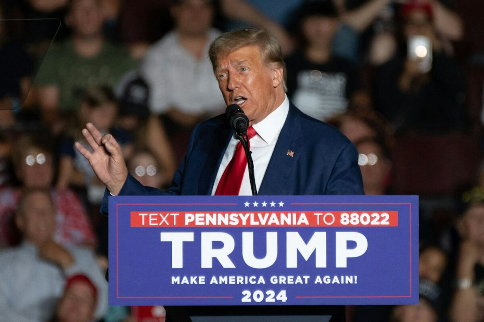 Former US President and 2024 presidential hopeful Donald Trump speaks during a campaign rally in Erie, Pennsylvania, on July 29, 2023.
