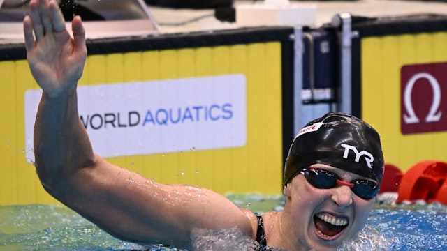 FUKUOKA, JAPAN - JULY 25: Katie Ledecky of Team United States reacts after winning gold in Women's 1500m Freestyle Final on day three of the Fukuoka 2023 World Aquatics Championships at Marine Messe Fukuoka Hall A on July 25, 2023 in Fukuoka, Japan. (Photo by Quinn Rooney/Getty Images)