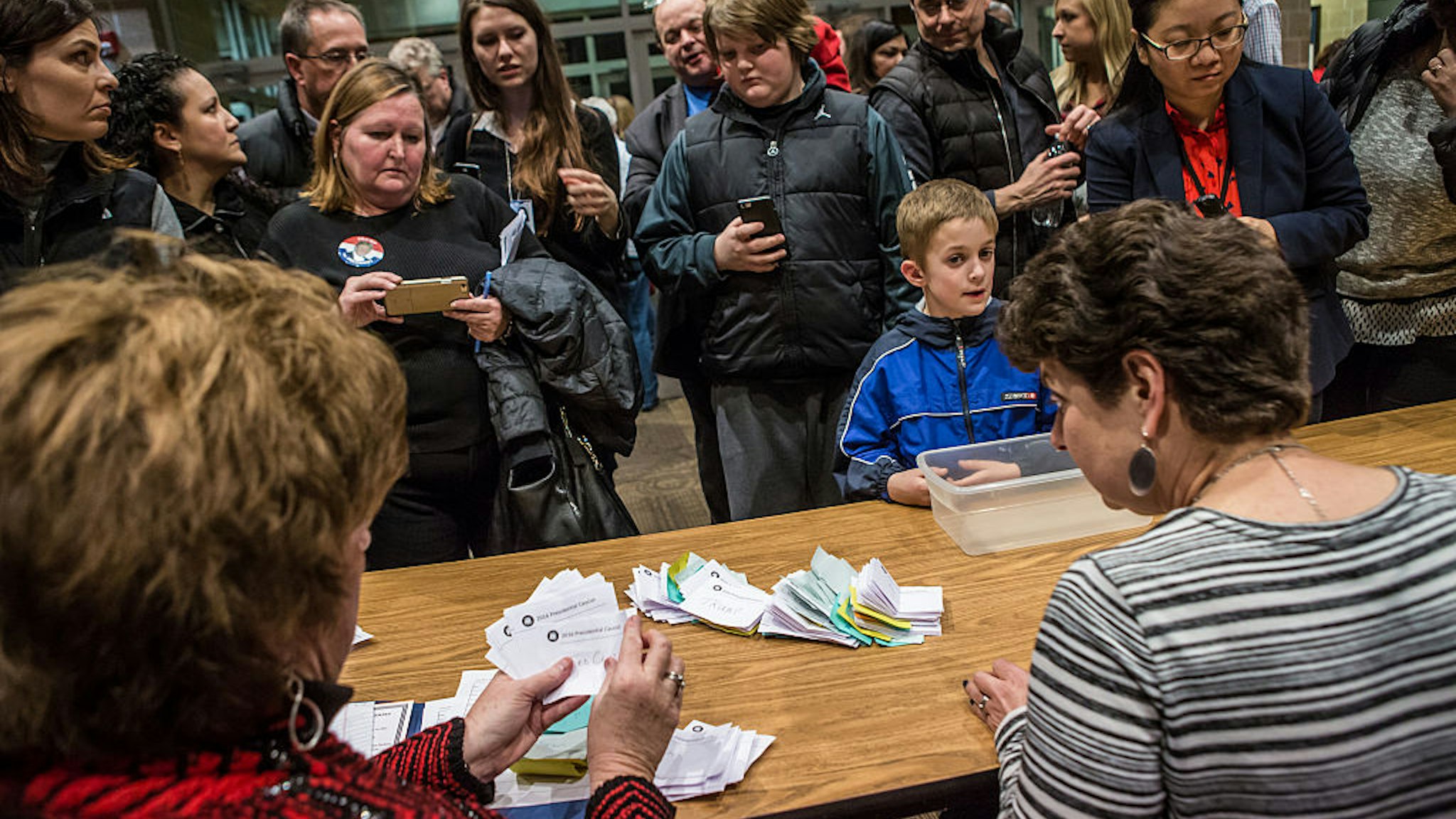 WEST DES MOINES, IA - FEBRUARY 1: Ballots are counted following the Republican party caucus in precinct 317 at Valley Church on February 1, 2016 in West Des Moines, Iowa. The Democratic and Republican Iowa Caucuses, the first step in nominating a presidential candidate from each party, take place today.