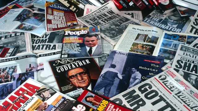 NEW YORK, NY - JUNE 1: Magazines and news papers about the mafia on June 1, 1991 in New York, New York. (Photo by Santi Visalli/Getty Images)