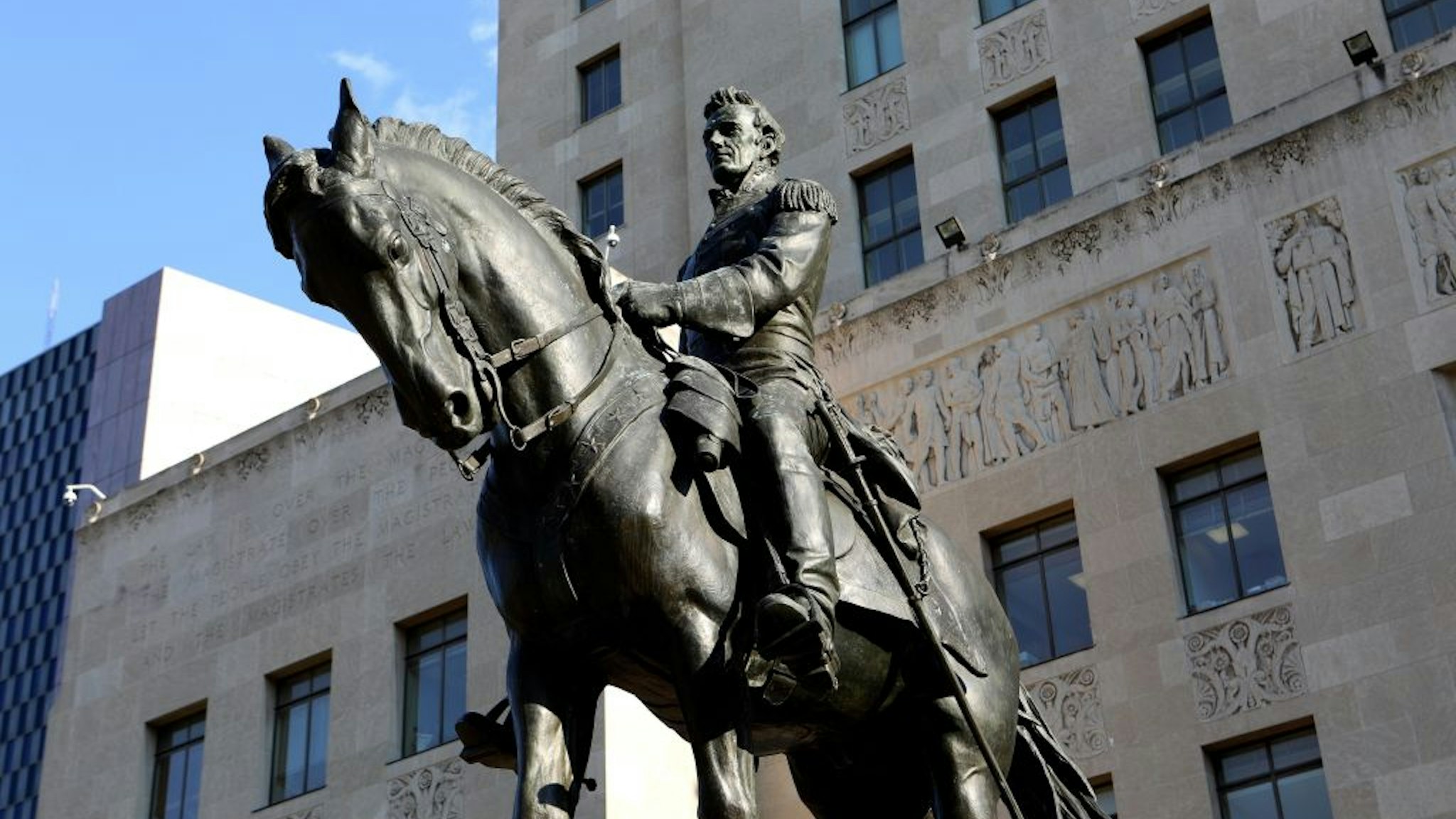 KANSAS CITY - AUGUST 12: Andrew Jackson statue stands outside the Jackson County Courthouse in Kansas City, Missouri on August 12, 2017.