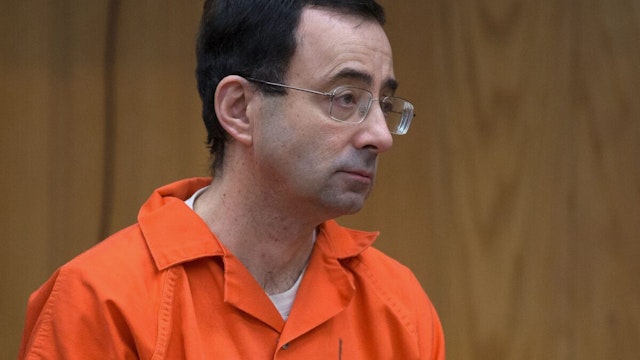 Former Michigan State University and USA Gymnastics doctor Larry Nassar appears in court for his final sentencing phase in Eaton County Circuit Court on February 5, 2018 in Charlotte, Michigan.