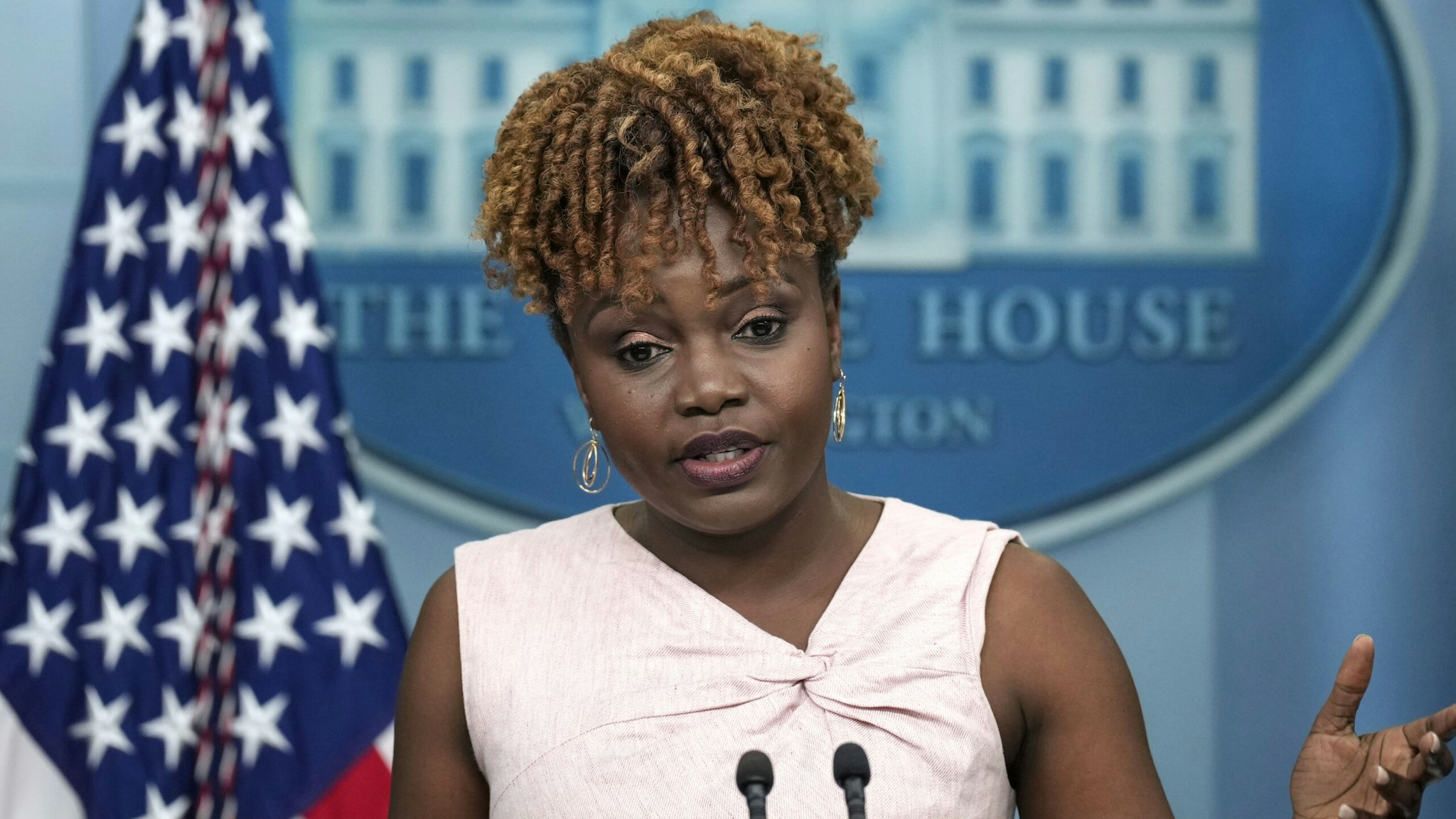 WASHINGTON, DC - JULY 5: White House Press Secretary Karine Jean-Pierre speaks during the daily press briefing at the White House July 5, 2023 in Washington, DC. U.S. President Joe Biden is meeting with Swedish Prime Minister Ulf Kristersson at the White House today.