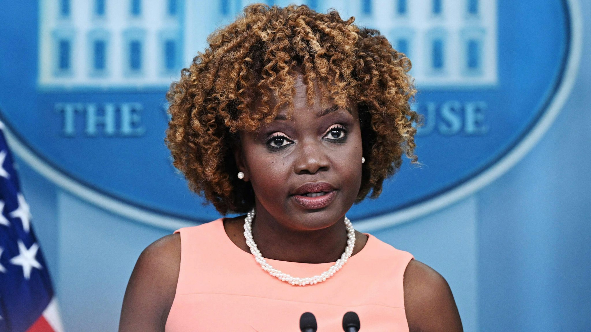 White House Press Secretary Karine Jean-Pierre speaks during the daily briefing in the Brady Press Briefing Room of the White House in Washington, DC, on July 25, 2023.