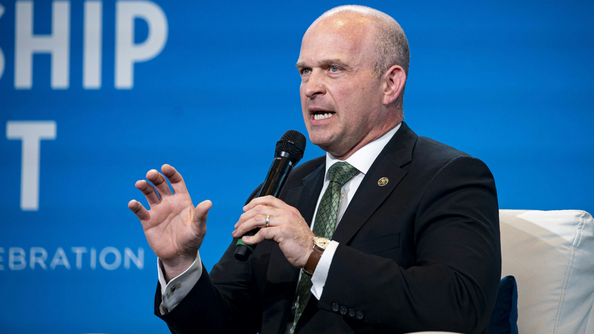 Kevin Roberts, president of The Heritage Foundation, speaks during the Heritage Foundation's Leadership Summit in National Harbor, Maryland, US, on Friday, April 21, 2023. DeSantis will visit Japan next week as he tests the international waters ahead of a possible decision to seek the Republican nomination for US president.