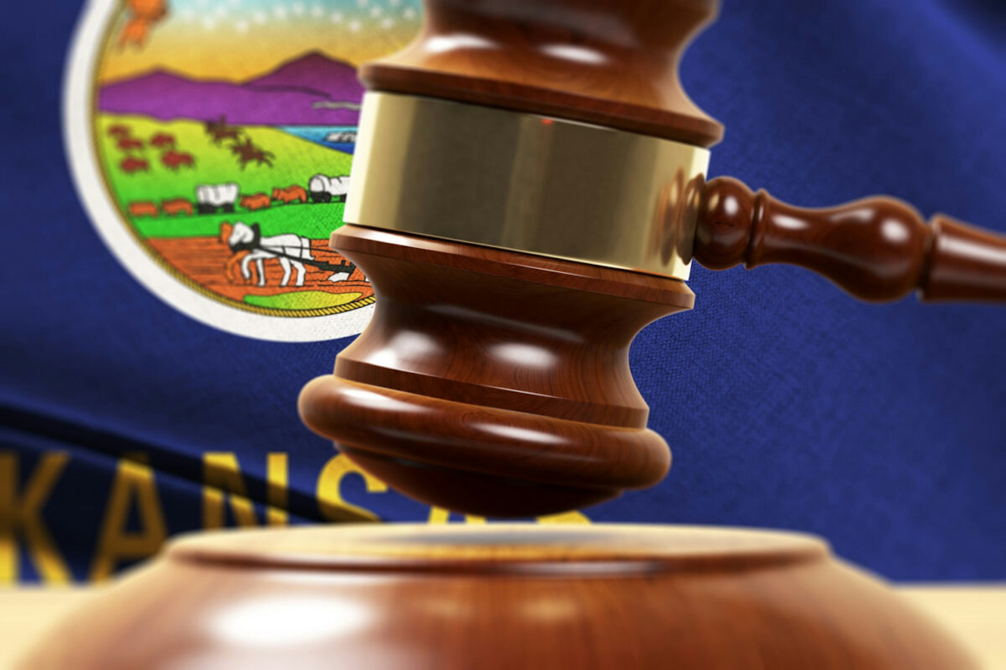 Wood Gavel Standing Front Of the Nevada Flag Closeup 3d Render Focused image