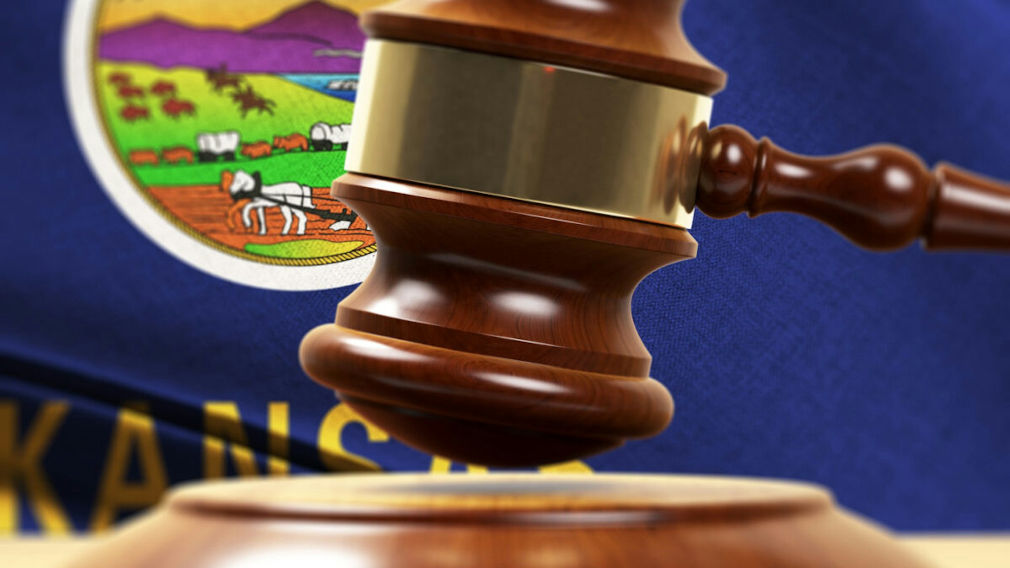 Wood Gavel Standing Front Of the Nevada Flag Closeup 3d Render Focused image