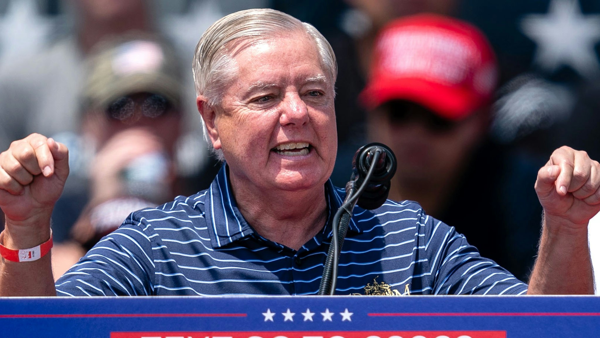 Senator Lindsey Graham, a Republican from South Carolina, speaks during a campaign event for former US President Donald Trump in Pickens, South Carolina, US, on Saturday, July 1, 2023. Former US President Trump praised Supreme Court rulings that ended affirmative action in college admissions and a student debt-relief program, as well as limited LGBTQ protections, touting his role in installing the court's conservative majority.