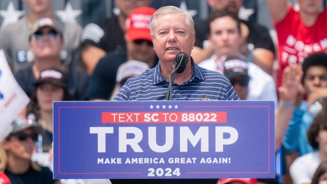 PICKENS, SOUTH CAROLINA - JULY 1: Sen. Lindsey Graham (R-SC) speaks to crowd during a campaign event for former president Donald Trump on July 1, 2023 in Pickens, South Carolina. Graham was repeatedly booed by the crowd of Trump supporters.