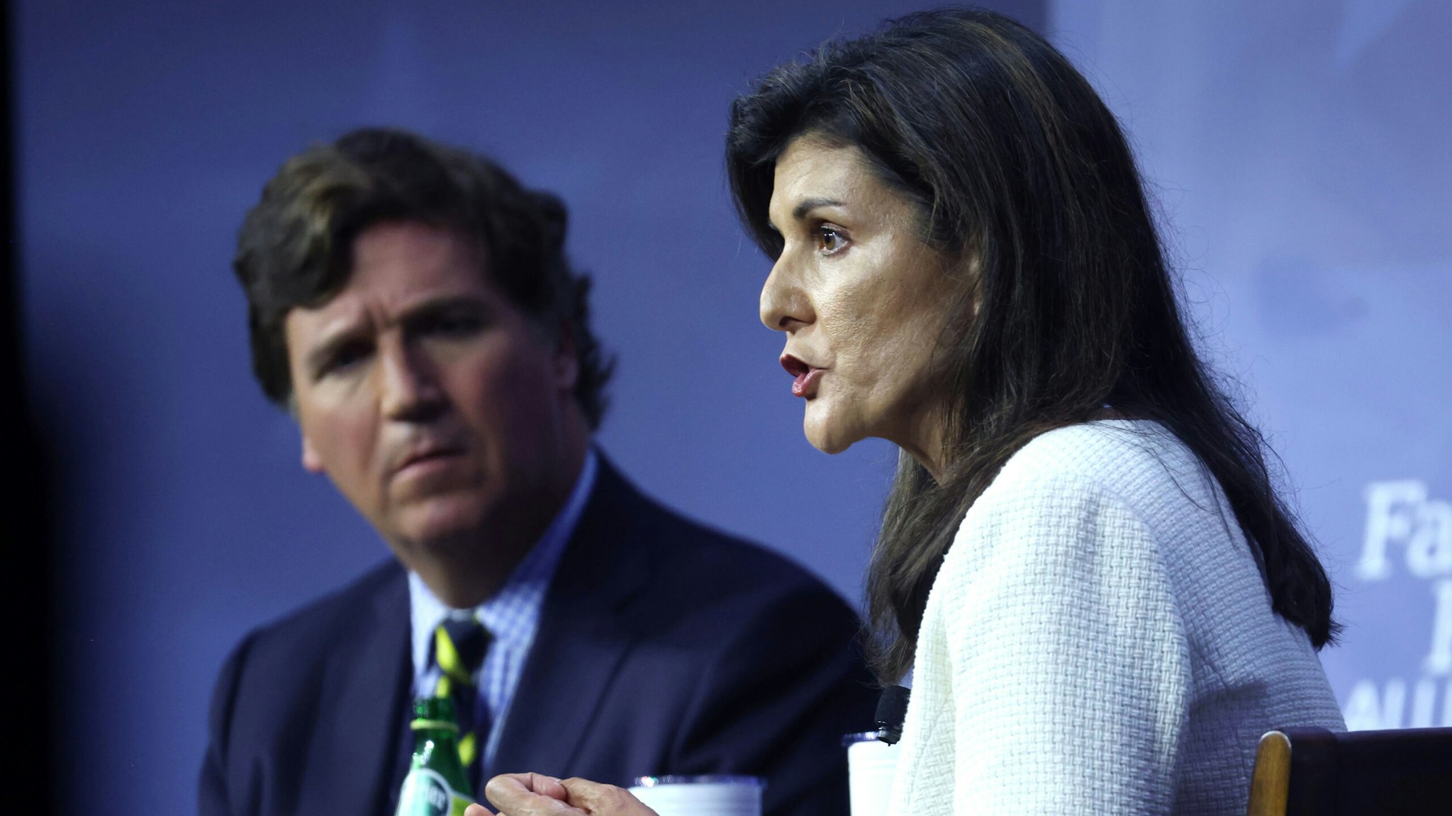 DES MOINES, IOWA - JULY 14: Republican presidential candidate, former U.N. Ambassador Nikki Haley fields questions from former Fox News Television personality Tucker Carlson at the Family Leadership Summit on July 14, 2023 in Des Moines, Iowa. Several Republican presidential candidates were scheduled to speak at the event, billed as “The Midwest’s largest gathering of Christians seeking cultural transformation in the family, Church, government, and more.”