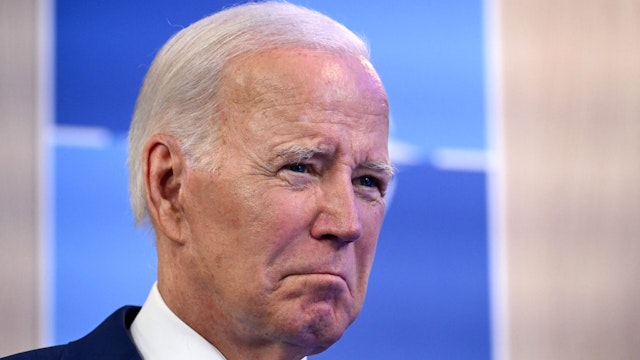 US President Joe Biden reacts during a statement with the NATO Secretary General before the bilateral meeting on the sidelines of the NATO Summit in Vilnius on July 11, 2023.