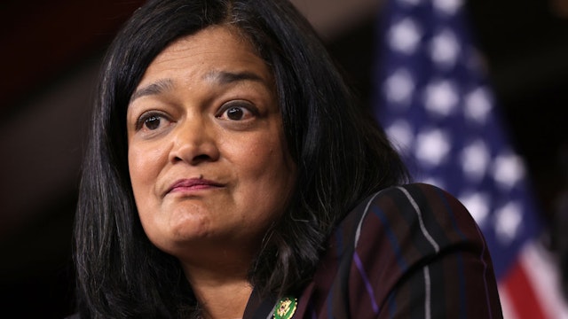WASHINGTON, DC - MAY 24: U.S. Rep. Pramila Jayapal (D-WA) speaks during a news conference at the U.S. Capitol on May 24, 2023 in Washington, DC. The Congressional Progressive Caucus (CPC) held a news conference to discuss the debt ceiling negotiations.