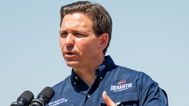 EAGLE PASS, TEXAS - JUNE 26: Republican presidential candidate, Florida Gov. Ron DeSantis speaks during a press conference on the banks of the Rio Grande on June 26, 2023 in Eagle Pass, Texas. Gov. DeSantis visited the border along the Rio Grande and engaged residents and voters while speaking on border security at an event earlier in the day.