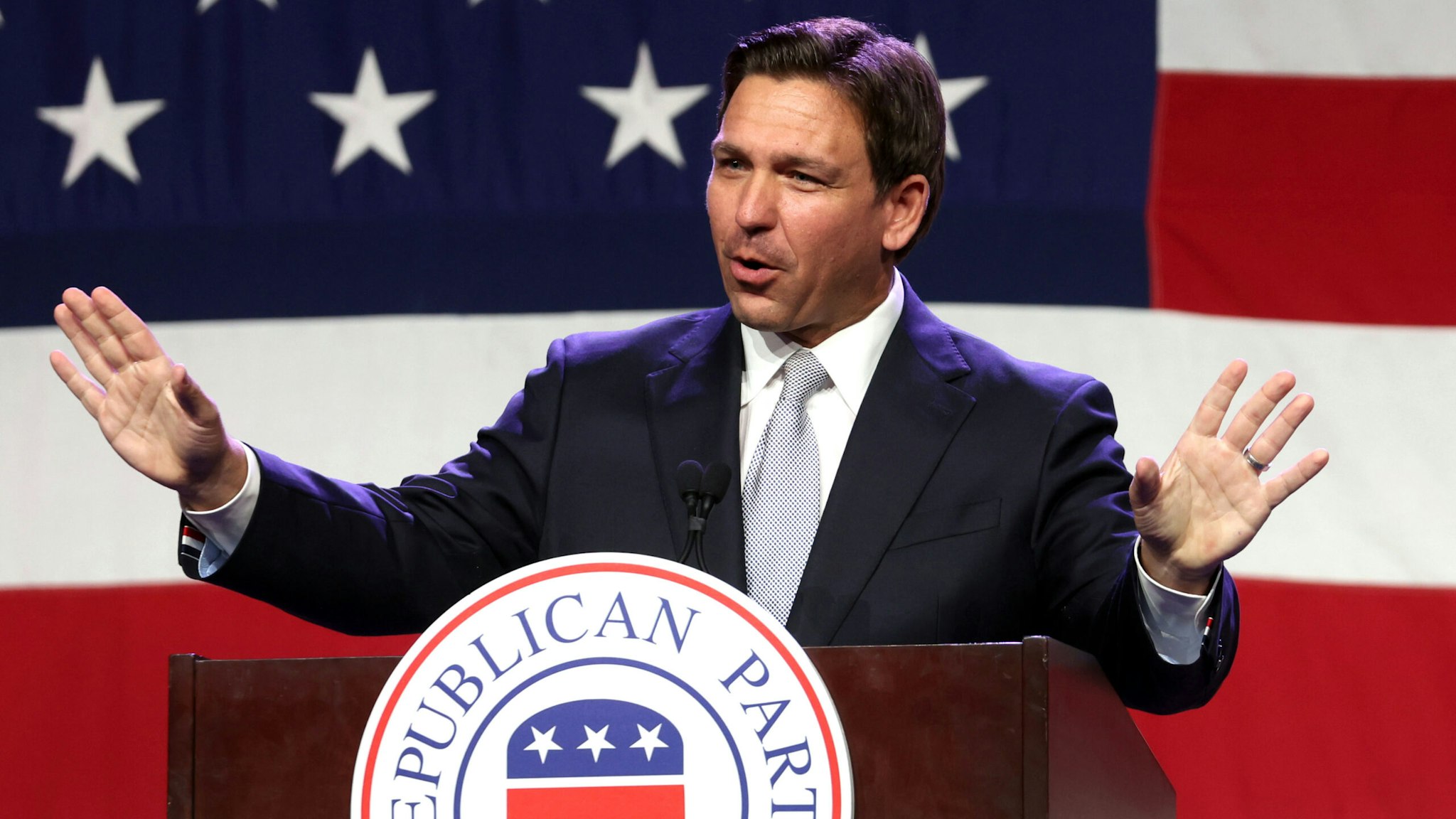 DES MOINES, IOWA - JULY 28: Republican presidential candidate Florida Governor Ron DeSantis speaks to guests at the Republican Party of Iowa 2023 Lincoln Dinner on July 28, 2023 in Des Moines, Iowa. Thirteen Republican presidential candidates were scheduled to speak at the event.