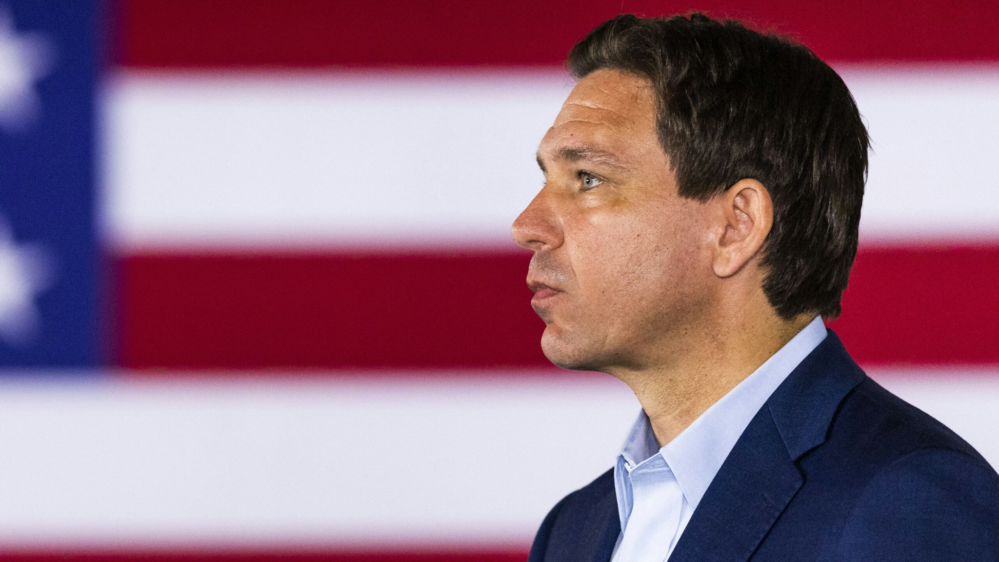 Republican presidential candidate Florida Governor Ron DeSantis speaks during a town hall event at the Alpine Grove Banquet Facility in Hollis, NH on June 27, 2023.