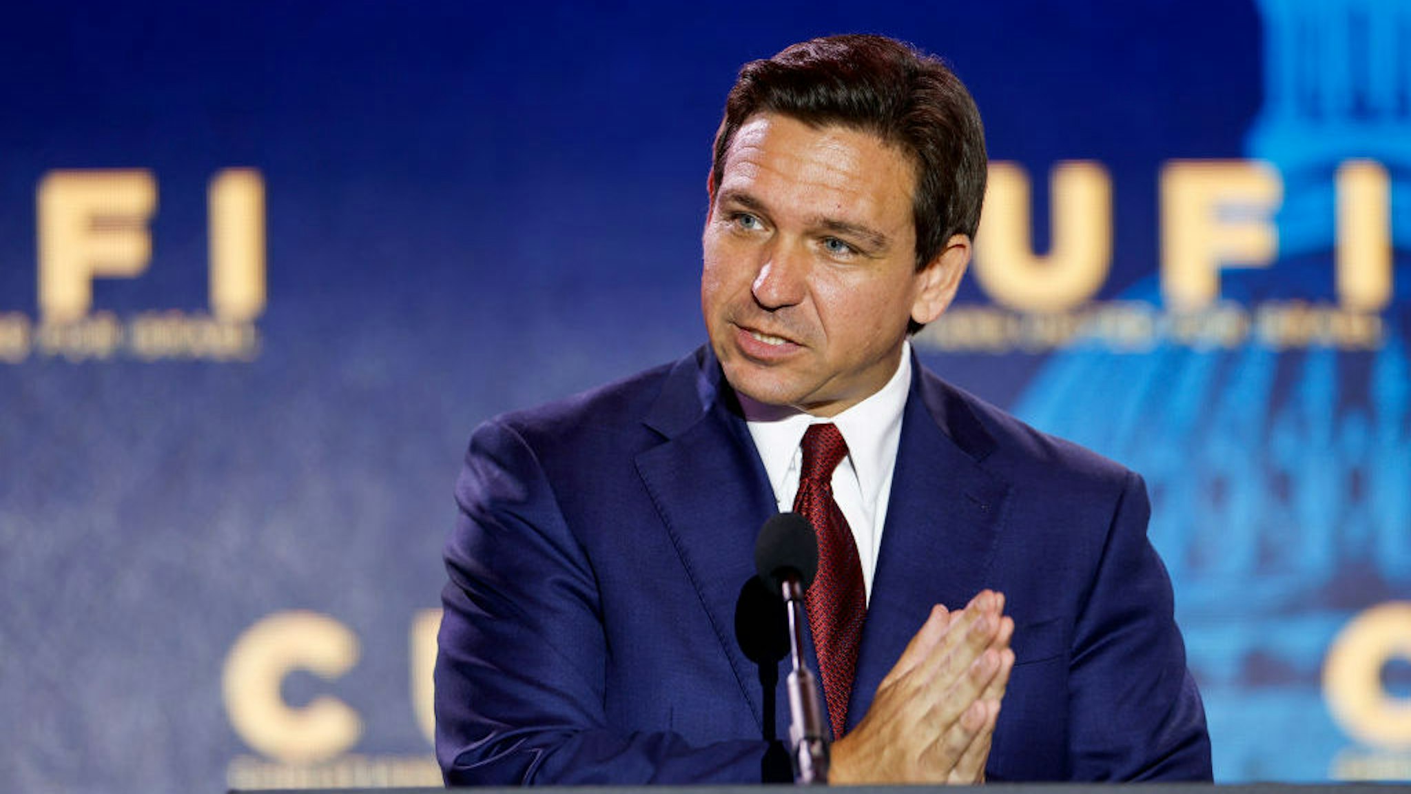 ARLINGTON, VIRGINIA - JULY 17: Republican presidential candidate Florida Governor Ron DeSantis delivers remarks at the 2023 Christians United for Israel summit on July 17, 2023 in Arlington, Virginia. For this year's summit, CUFI hosts 2024 Republican presidential candidates hopefuls to speak amidst other pro-Israel activists. (Photo by Anna Moneymaker/Getty Images)