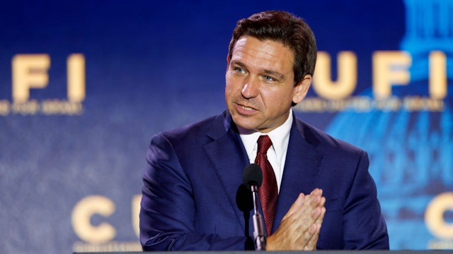 ARLINGTON, VIRGINIA - JULY 17: Republican presidential candidate Florida Governor Ron DeSantis delivers remarks at the 2023 Christians United for Israel summit on July 17, 2023 in Arlington, Virginia. For this year's summit, CUFI hosts 2024 Republican presidential candidates hopefuls to speak amidst other pro-Israel activists. (Photo by Anna Moneymaker/Getty Images)