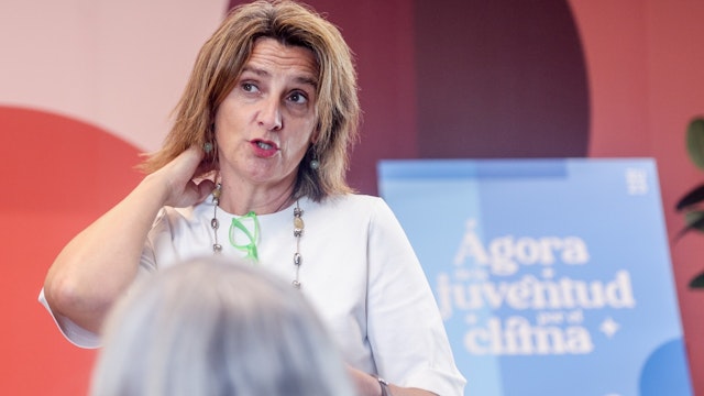 The third vice-president and minister for Ecological Transition and the Demographic Challenge, Teresa Ribera, speaks at the colloquium 'Young people and green jobs', at the Circulo de Bellas Artes, on July 5, 2023, in Madrid, Spain.