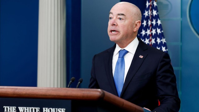 Secretary of Homeland Security Alejandro Mayorkas speaks during the daily news briefing at the James S. Brady Press Briefing Room of the White House on May 11, 2023 in Washington, DC.