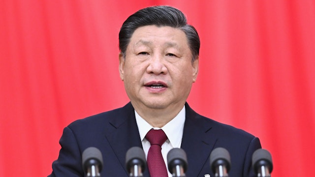 Chinese President Xi Jinping, also general secretary of the Communist Party of China Central Committee and chairman of the Central Military Commission, delivers a speech at the closing meeting of the first session of the 14th National People's Congress NPC at the Great Hall of the People in Beijing, capital of China, March 13, 2023.